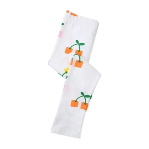 White cotton knit girls leggings featuring colorful 3D embroidery cherry patterns