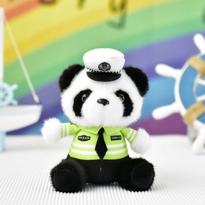 Gedetailleerd overzicht van panda knuffel in een groen verkeerspolitie uniform