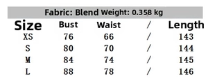 Detailed fabric specification and size guide chart for printed midi dress