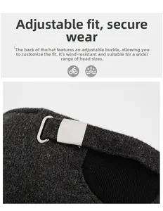 Detail of winter baseball cap with adjustable metal buckle and warm wool fabric texture