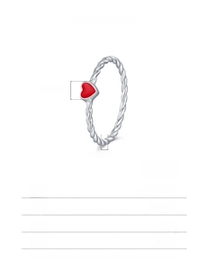 Detailed size specifications for the S925 silver twisted ring with a red enamel heart
