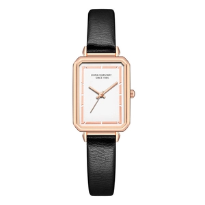 Detailed front view of rectangular rose gold quartz watch with black leather strap