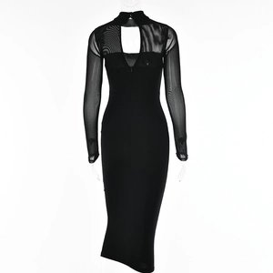 Detailed back view of a black mesh sleeve dress featuring a stylish keyhole cutout