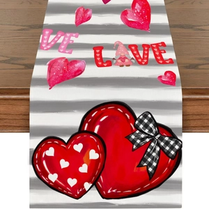 Linen table runner with grey stripes and red hearts for Valentine's home decor