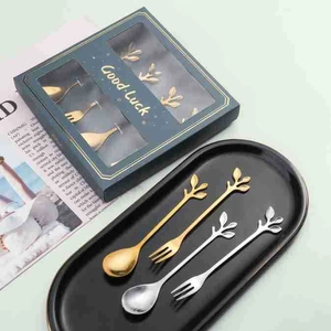 Stainless steel leaf handle coffee spoon and dessert fork set in gold and silver finish