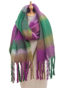Detailed close-up of green and purple gradient plaid scarf with soft fringe tassels