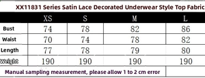 Size chart for lace-trimmed satin lingerie top with detailed bust and waist measurements