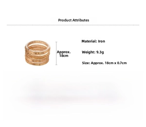 Detail view of gold geometric layered rings with specifications for material and dimensions