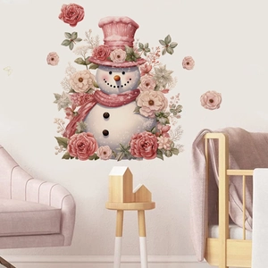 Detail of cartoon snowman wall sticker with pink roses for nursery and home decor