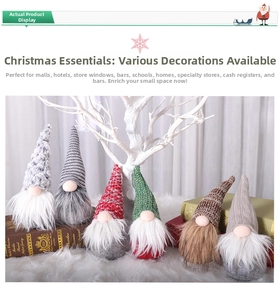 Detail of six Swedish Christmas gnomes with knitted hats and white beards in a cozy setting