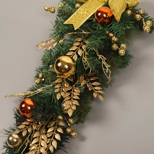 Golden Christmas PVC hanging ornament with pine needles, baubles and large glitter bow