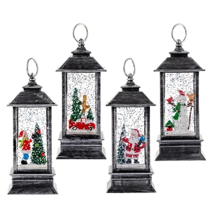 Silver vintage Christmas lanterns set with Santa and snowman scenes for festive decoration