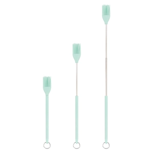 Three mint green silicone basting brushes with retractable stainless steel handles and hooks