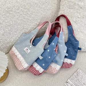 Detail of sweet lace trim and denim patchwork on assorted mini tote bags with stars
