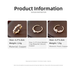 Detailed specs for 14K gold plated rings featuring heart, floral and pearl designs