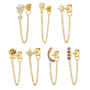 925 Sterling Silver Earring Tassel Chain Flower Star Moon Zirconia Dangle Drop Sweet Elegant Jewelry For Women