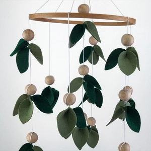 Felt leaf and wooden bead baby mobile hanging decoration with a natural bamboo ring