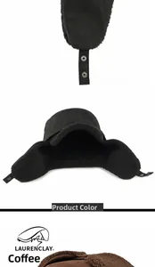 Detalle de gorro de aviador marrón café con forro grueso de lana y orejeras térmicas