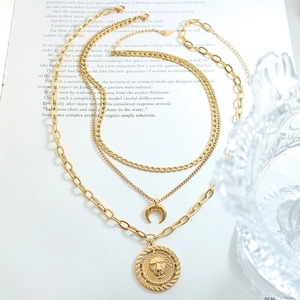 Triple layer 18K gold plated necklace set with lion head and crescent moon pendants