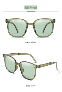 Vistas frontal y lateral de gafas de sol plegables UV400 en resina verde espacio profundo