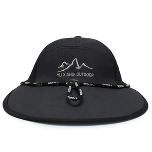 Detailed view of wide brim sun hat with YU XIANG embroidery and adjustable drawcord