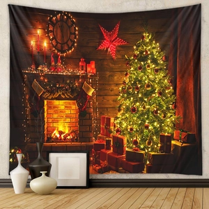 Bohemian Christmas tapestry featuring a cozy fireplace and glowing tree for wall decor