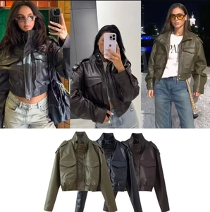 Women Faux Leather Short Jacket Stand Collar Long Sleeve Zip Up Moto Biker Coat With Cargo Pockets Streetwear