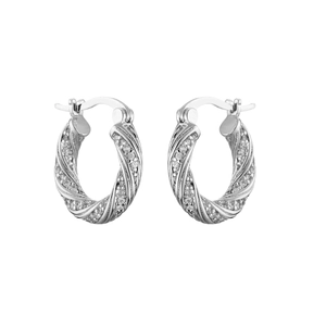 Detailed view of silver twist hoop earrings with pavé set cubic zirconia inlays