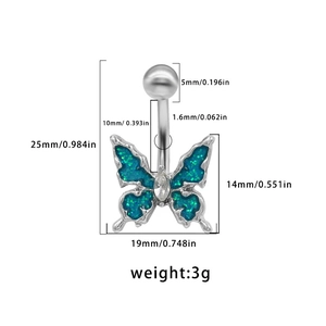 Spécifications détaillées des dimensions du piercing de nombril papillon bleu argenté