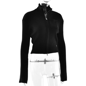 Detail of black ribbed knit cardigan featuring full zipper closure and a square chest pocket
