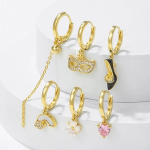 6-piece gold hoop earring set with high heels, mask, and heart-shaped zircon charms