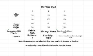 Guide des tailles détaillé et spécifications du tissu pour ce cardigan en maille