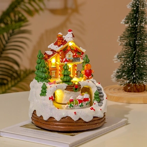 Christmas Glowing Music House Ornament Resin Candy Shop Miniature Snow Landscape LED Rotating Train Holiday Gift