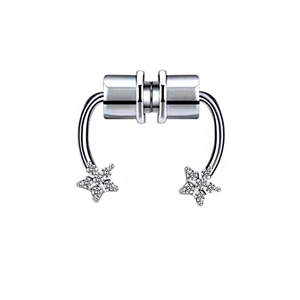 Detailed view of silver magnetic nose ring featuring crystal-studded star-shaped ends