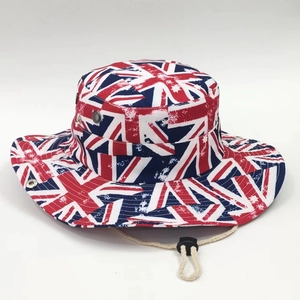 Unisex sun hat featuring Union Jack flag print and adjustable windproof chin strap