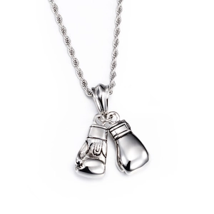 Polished stainless steel boxing glove pendant necklace with rope chain on white background