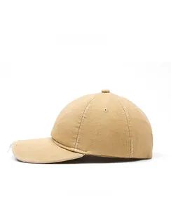 Side view of khaki cotton baseball cap with distressed edge and six-panel structure