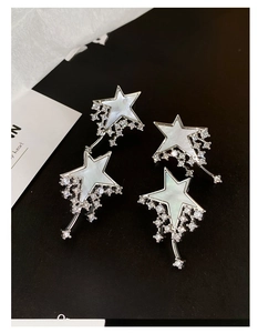 Detail of star-shaped earrings with mother of pearl and zircon pavé in silver finish