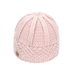 Pink chunky knit beanie with vintage diamond pattern and warm ear protection design