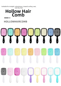 Detailed grid showing multiple colorful hollow honeycomb hairbrushes for wet and dry use
