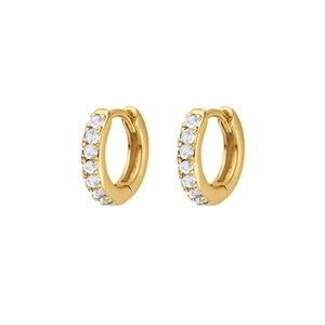 Close-up of gold plated S925 silver hoop earrings with micro-pave cubic zirconia stones