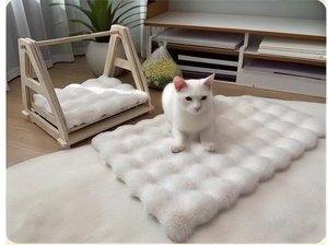 Gros plan du coussin en peluche blanche épaisse sur un lit pour chat en bois massif