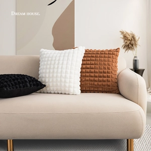 Plaid Texture Pillow Cover Faux Rabbit Fur Plush Soft 3D Grid Pattern Decorative Cushion Case For Sofa Bed Living Room
