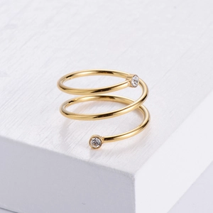 Minimalist gold spiral wrap open ring in titanium steel with sparkling round zircon accents
