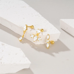 Three-piece gold S925 silver stud earrings set with marquise opal and cubic zirconia stones