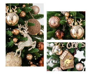 Detail view of golden and champagne Christmas ornaments, deer pendants and wooden crafts