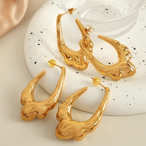 Molten Lava Irregular Liquid Metal Hoop Earrings Stainless Steel 18K Gold Plated Hollow Studs Punk Street Style Women