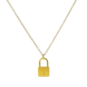 Minimalist 18k gold plated padlock necklace with engraved letter A on a white background