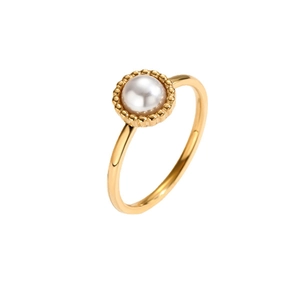 Elegant gold plated stainless steel ring featuring a round pearl in a beaded bezel setting