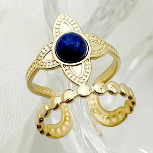 Vintage Stainless Steel Gold Plated Evil Eye Ring With Rhinestone Blue Natural Stone Geometric Open Adjustable Ring For Women